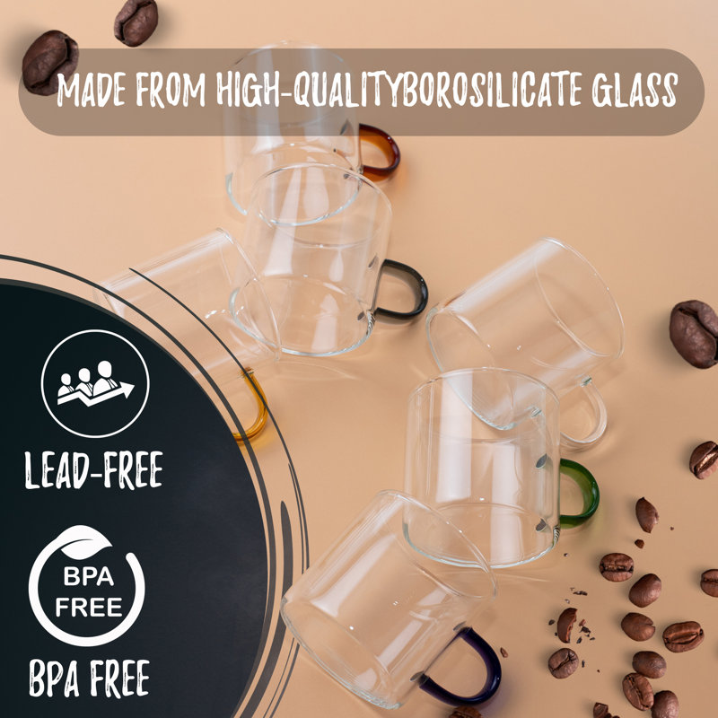 Set of 6 Clear Borosilicate Glass Espresso Cups with Colorful Handles