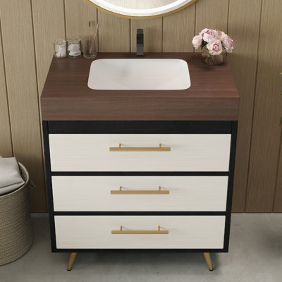 Meuble-lavabo sur pied avec lavabo vasque en céramique et plateau en pierre frittée French Country. Le meuble-lavabo de 29,9 pouces est fait de contreplaqué, l'eau et a une belle finition. Lavabo intégré spacieux et moderne