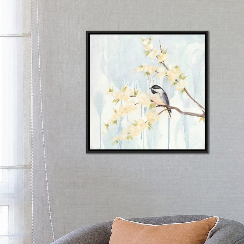 « spring chickadeess i », impression sur toile, H 18 po x l 18 po x P 1,5 po, Toile avec cadre noir, Pas de tapis