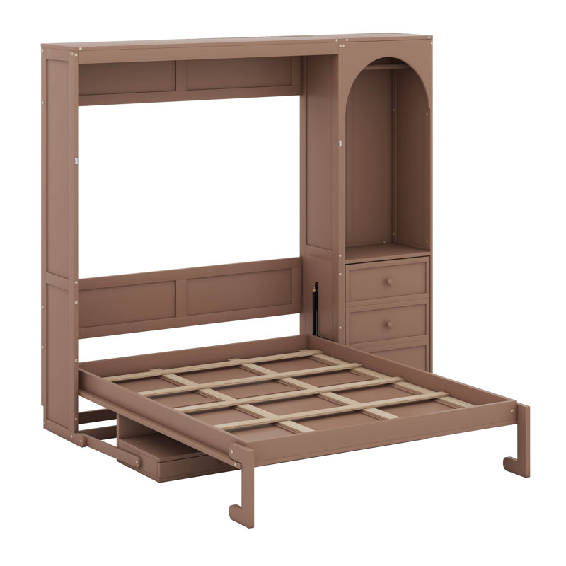 Grand lit escamotable avec tablette Stoarge et 3 tiroirs, lit escamotable multifonctionnel avec bureau et lumière DEL, Brun