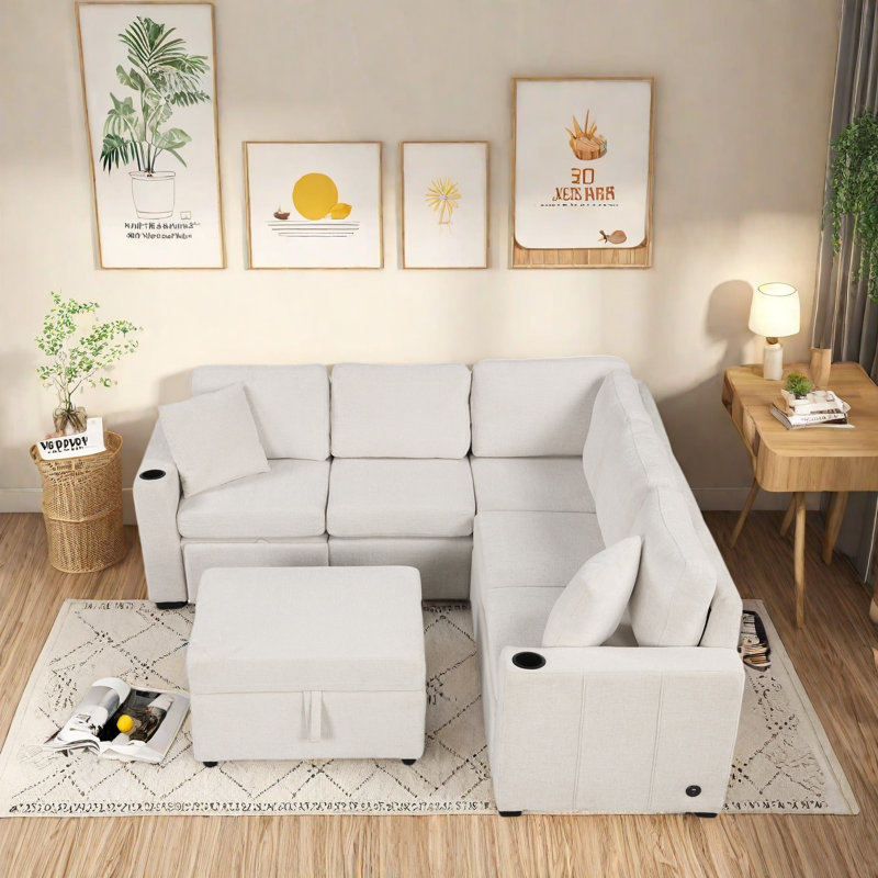 Canapé-lit modulaire convertible avec repose-pieds, ports USB et porte-gobelets - Canapé modulaire en chenille avec rangement caché et coussins amovibles