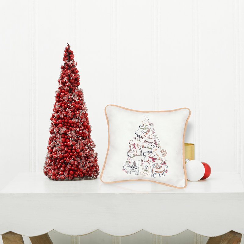 Puppy Tree Embroidered Christmas Holiday Petite Size Accent Throw Pillow