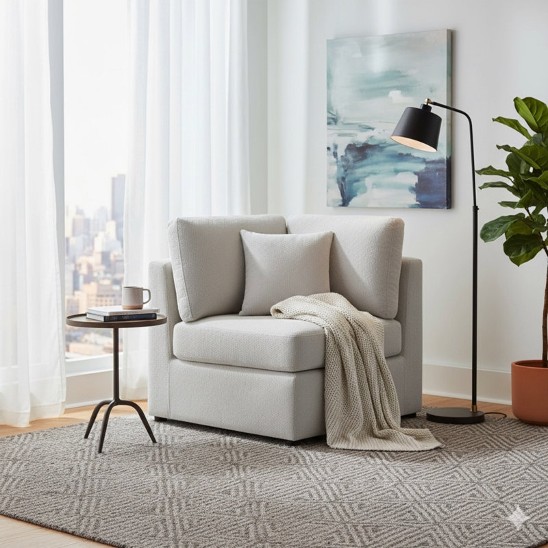 Fauteuil de coin, 84 cm L x 84 cm P x 86 cm H, polyester, 1 pièce, gris, tissu haute performance résistant à plus de 40 000 frottements