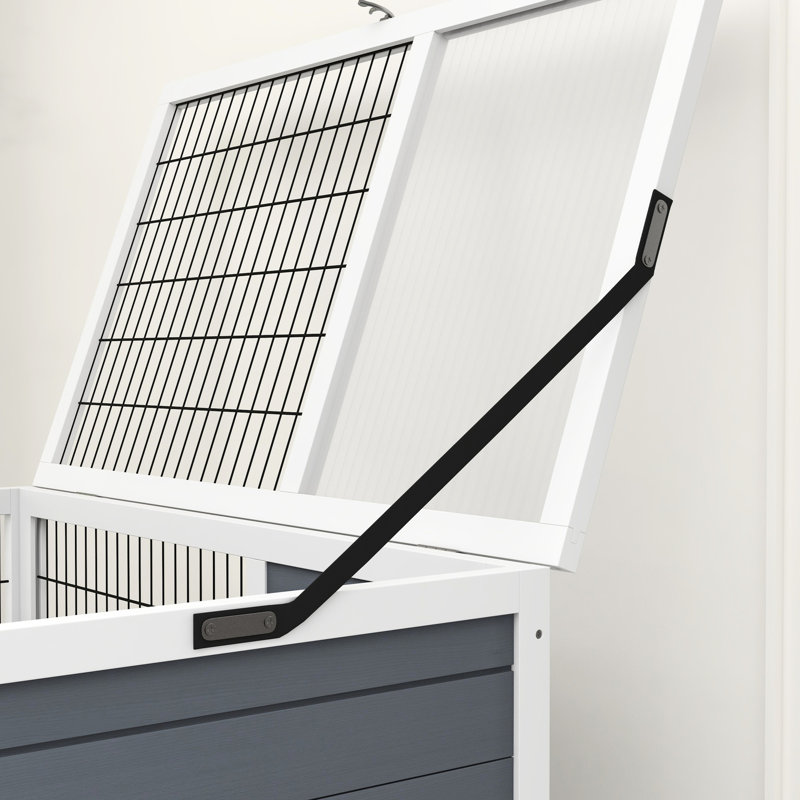 Lapin gris en bois 2 avec portes amovibles - roues de cage intérieure, auge, plateaux, rampes pour 1 à 2 lapins, roues flexibles, lapins 35,5 po, couche supérieure incorporable