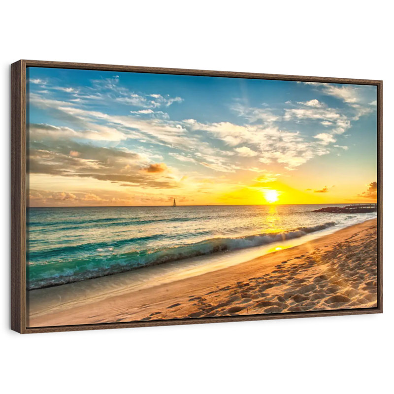 Senne de la Barbade, coucher de soleil, Cadre flottant en noyer, 40 po x 27 po