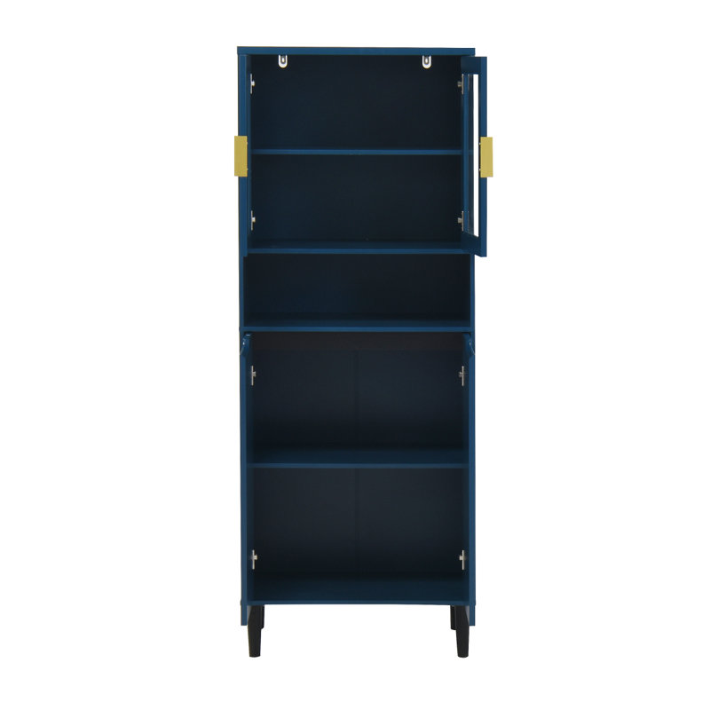 Armoire de rangement haute avec 2 portes vitrées et 2 portes, grande armoire de cuisine avec poignées dorées, Blue