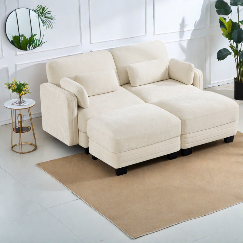 Canapés d'angle à compression, causeuse modulaire beige en chenille, intérieur moderne et compact