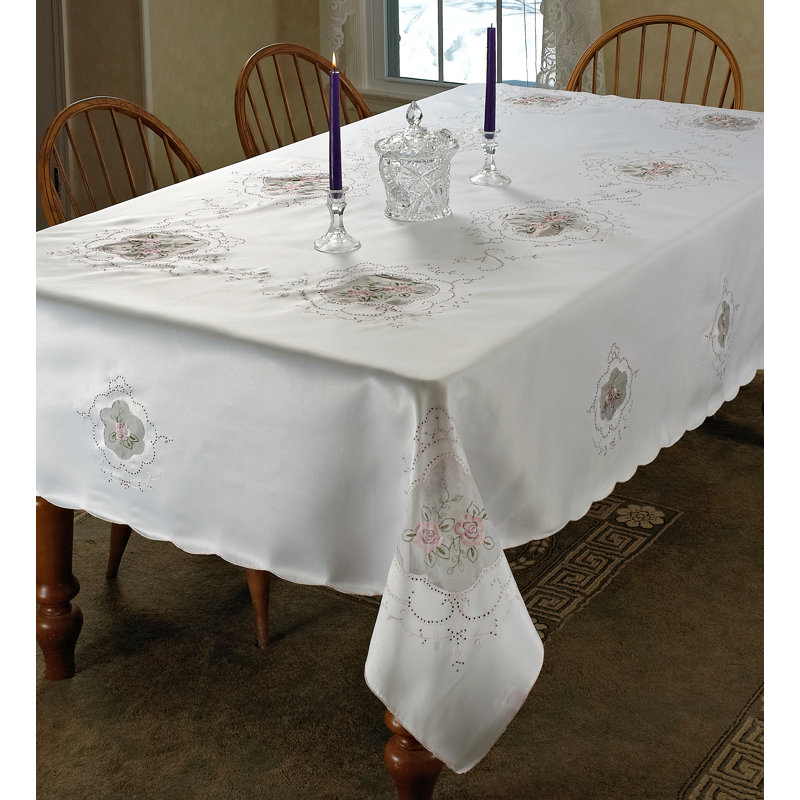 Fontainebleau Flower Embroideredred Tablecloth, 108" W x 70" L, Beige