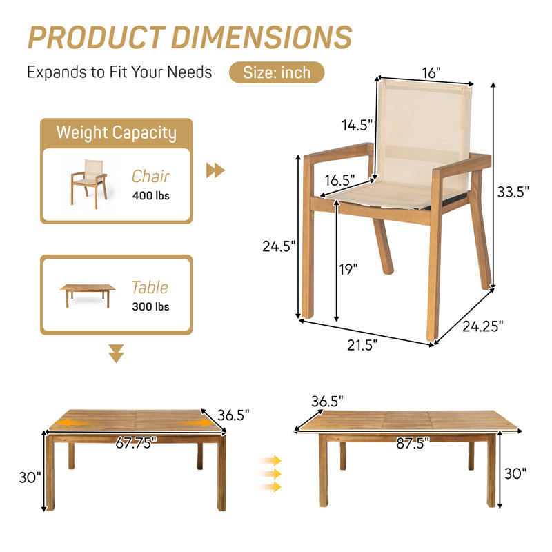 Ensemble repas pour 6 personnes avec 6 chaises et une grande table, mobilier de patio moderne, Teck + teck