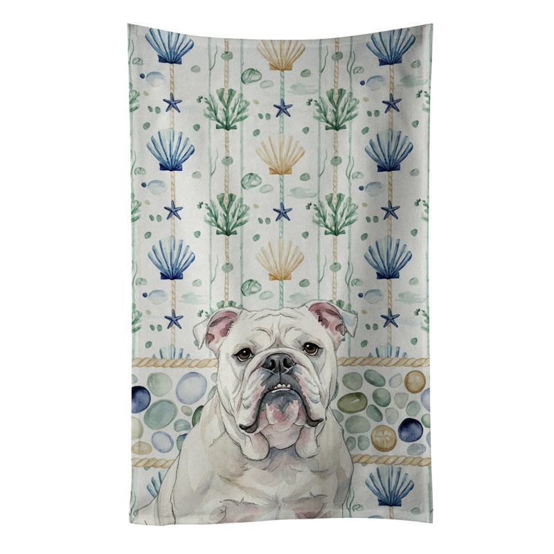 White English Bulldog Coastal Sea Glass Kitchen Towel, White English Bulldog