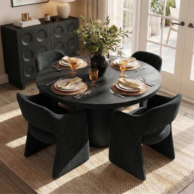 Ensemble de table de salle à manger pour 4 personnes avec table ronde en bois massif et 4 chaises rembourrées en tissu