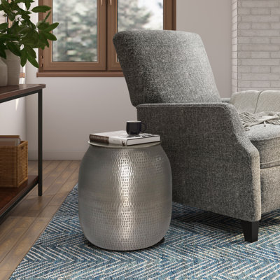 Griffen 19"W Metal Industrial End Table with Drum Design and Hidden Storage, Assembled