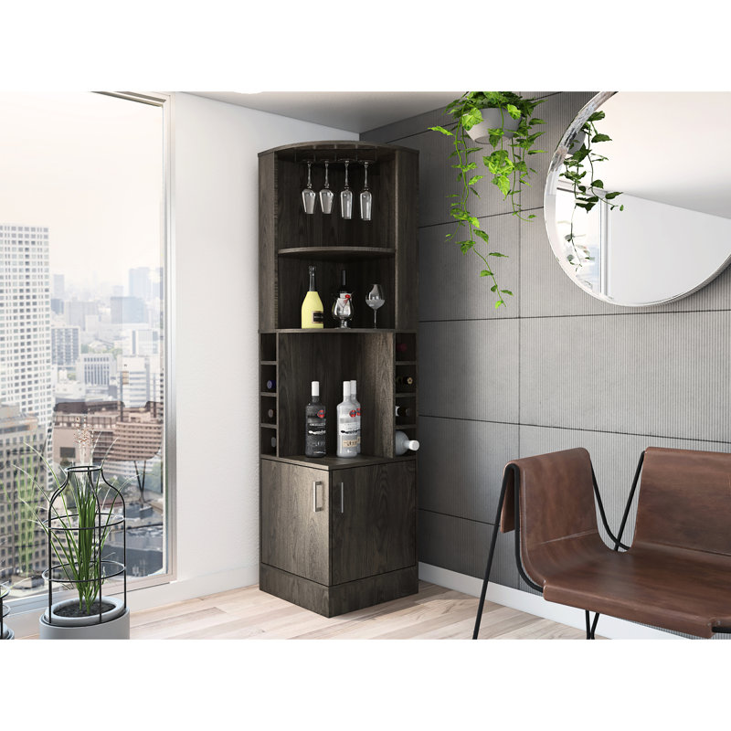 Bar avec rangement à 8 tablettes et 8 compartiments de rangement en noyer foncé, Espresso