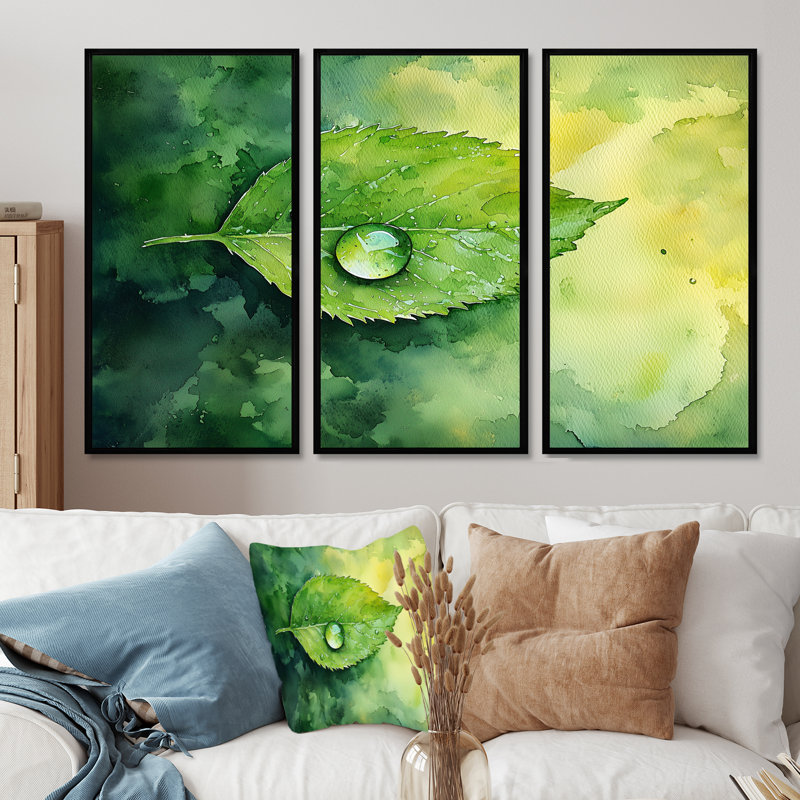 Goutte d'eau verte sur feuille II - feuilles, art mural - ensemble de 3, H 40 po x l 60 po, Noir