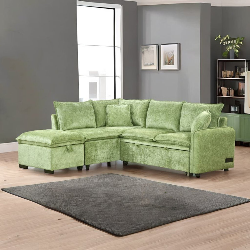 Talynn Upholstered L-Shaped Sectional with Ottoman, Green Chenille