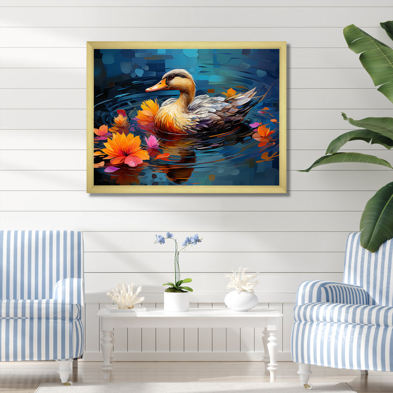 «Yellow and Blue Duck» par The Floral Pound I - Art mural animal canard, Cadre d'angle fermé doré, H 12 po x l 20 po x P 1 po