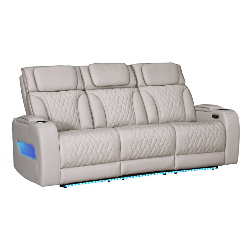 Canapé inclinable électrique Aaz en cuir blanc l 84 po avec repose-tête électrique, lumières DEL, table de chargement sans fil, ports USB et USB-C, rangement et porte-gobelets