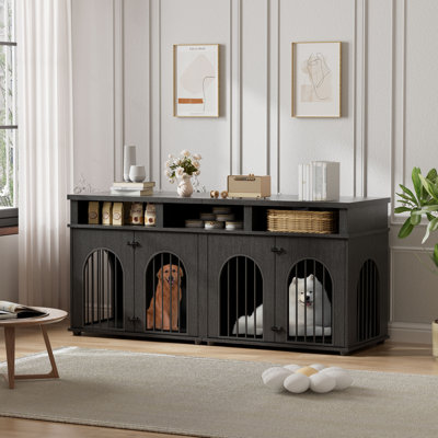 Meuble double pour cage de chien 71 po pour 2 chiens de taille moyenne, cage pour chien très résistante XL avec 3 tablettes de rangement, grandes caisses pour chiots avec 8 pieds réglables
