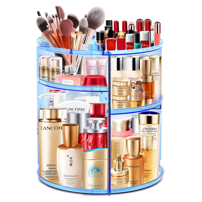360 organisateur de maquillage rotatif, organisateur de cosmétiques de grande capacité pour porte-parfum, Bleu