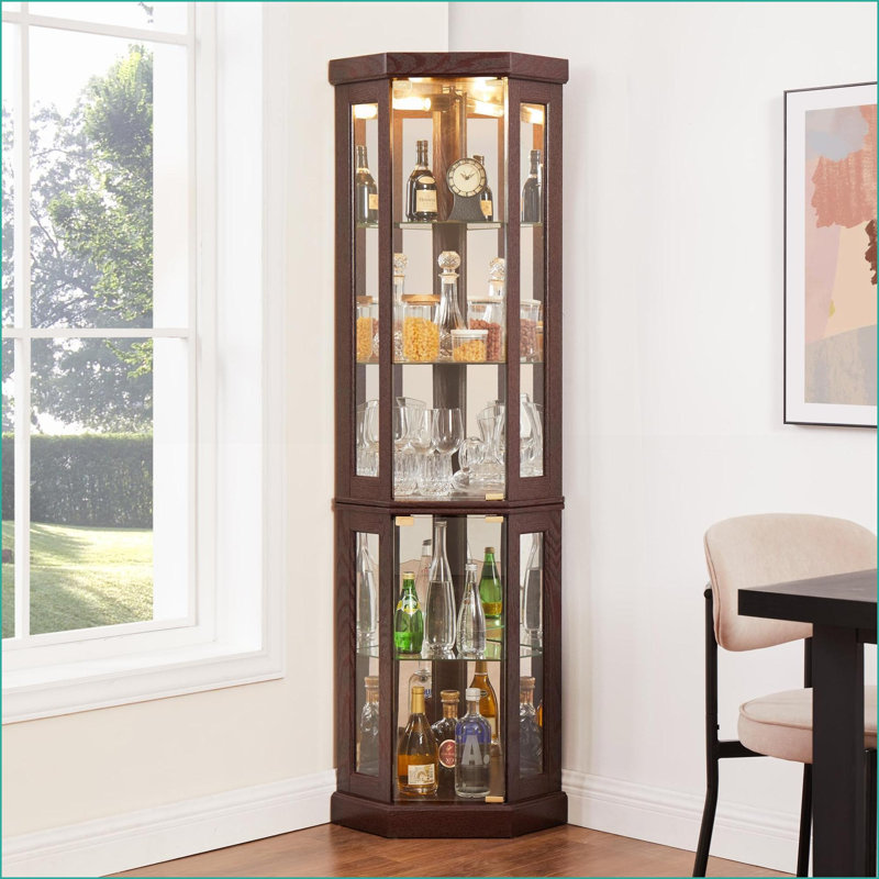 Cabinets, Lighted Corner Curio Cabinet with Glass Doors Dark Cherry Engineered Wood | Traditional | Living Room, Cherry