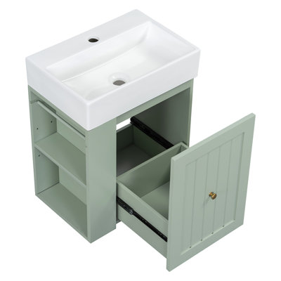 Meuble-lavabo de 20 pouces avec lavabo en céramique, armoire de rangement en panneau de fibres à densité moyenne avec tiroir, tablette latérale et poignée dorée - meuble-lavabo moderne pour les petites salles de bain