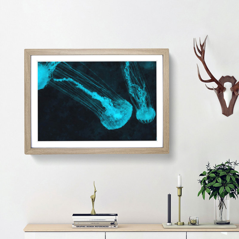Neon Blue Jellyfish - Picture Frame Graphic Art Print, Oak Framed, 62cm H x 87cm W x 2cm D