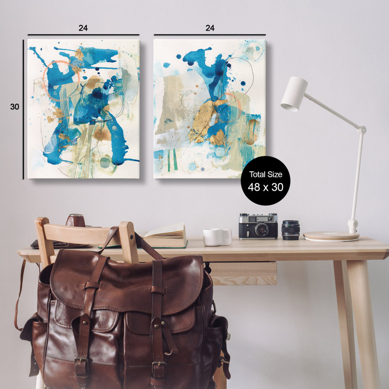 "Abstract Blue Gold Splash", ensemble de 2 toiles d'art par Allison Ford, H 30 po x l 24 po