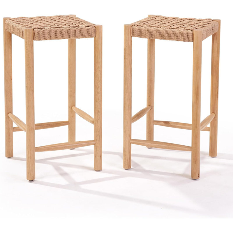 Paquet de 2 tabourets de bar industriels de 26,4 po de hauteur - sièges en corde de papier kraft, pieds et pieds réglables en bois d'hévéa, capacité de 250 lb, tabourets à hauteur de comptoir pour îlot de cuisine