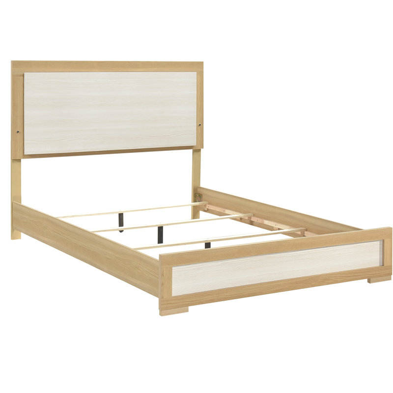 Grand lit, contemporain, lit, tête de lit à panneau à DEL, finition naturelle et blanche, tableau, papier 3D, stratifié, mobilier de chambre à coucher, fabrication en bois de sommier, utilisation,
