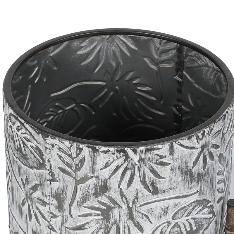 Gennessee 23" Coastal Metal Planter Set with Stand, Gray White Leaf Pattern Indoor Cache Pots, Set of 2