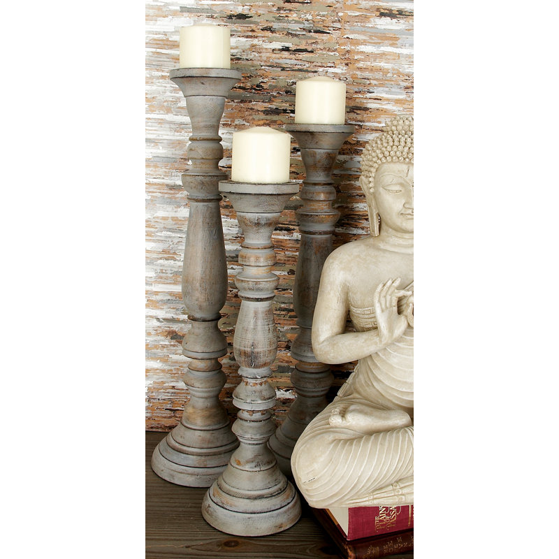 3 Piece Wood Tabletop Candlestick Set