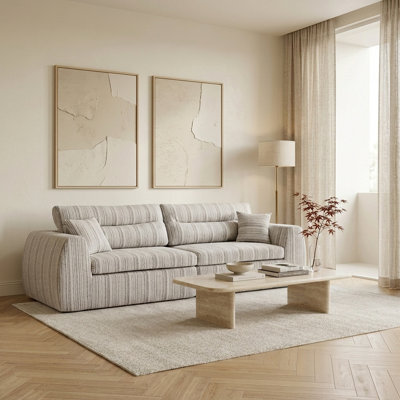 111"W Striped 3-Seat Sofa, Modern Deep-Seat Track Arm Couch for Living Room, Comfortable Upholstered Fabric Sofa, Easy Assembly