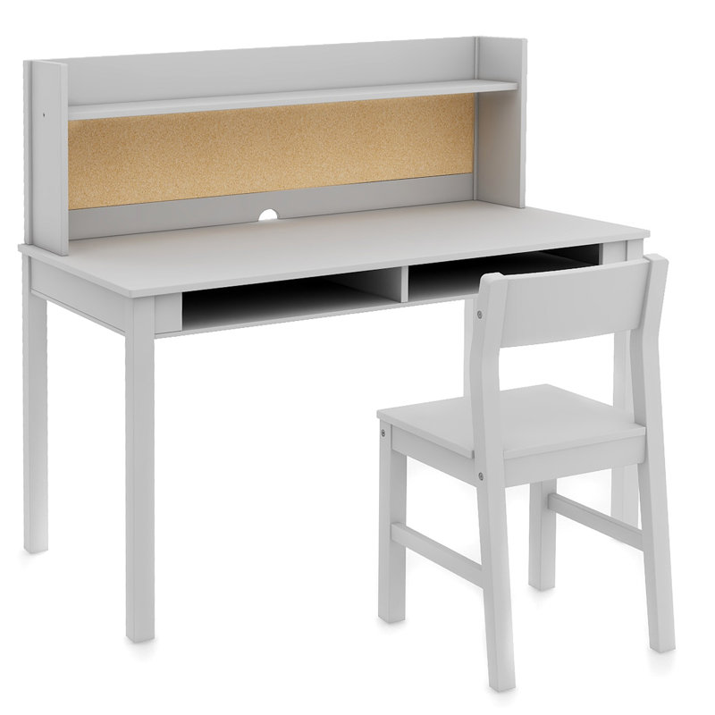 Gray Wooden Kids' Desk with Hutch and Chair Set