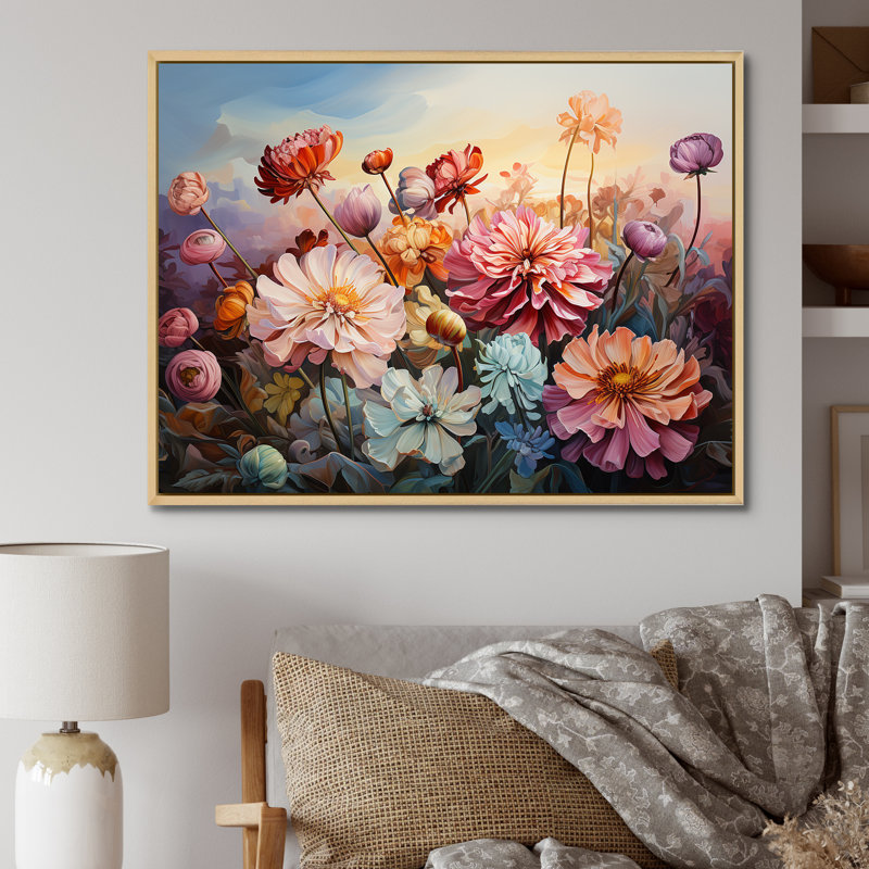" Zinnias Country Charm II ", Natural Floater Framed, 24" H x 32" W