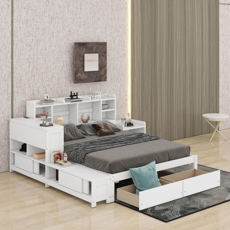 Lit plateforme double en bois avec espace de rangement multifonctionnel, tiroirs, ports USB et bureau, Blanc