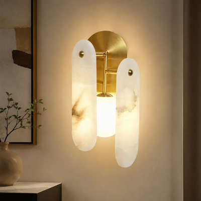 Everly Quinn Modern Natural Alabaster Stone Wall Sconce, Dimmable Mid-Century Accent Vanity Light