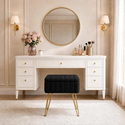 Tabouret de coiffeuse avec rangement, repose-pieds en fausse fourrure, pieds en métal, pieds antidérapants, siège de 15,7 po pour la salle de maquillage