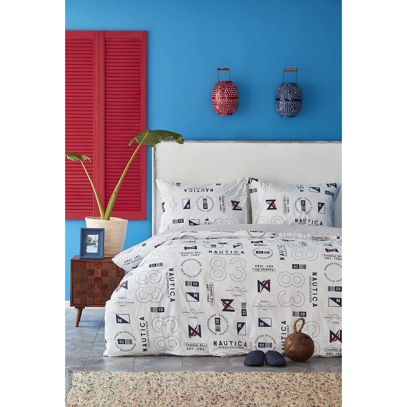 Nautica Discovery 100% Turkish Cotton Duvet Cover Set, Double, 200cm x 200cm, White Multi