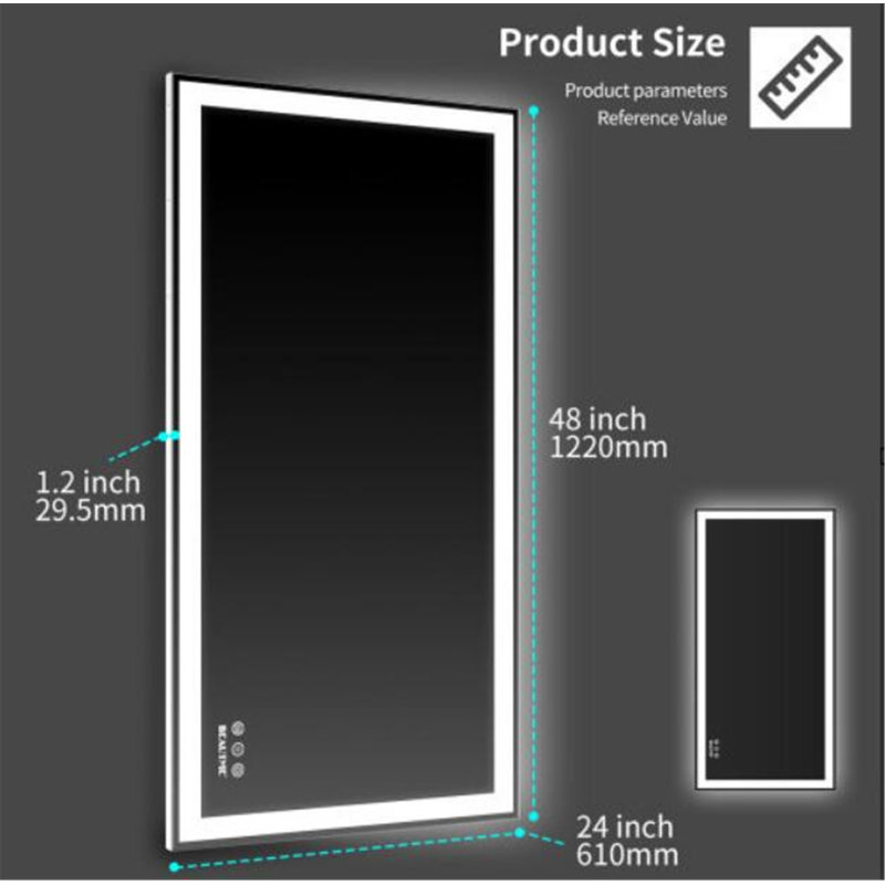 Metal Flat Wall Mirror with Shelves, Silver, 24" x 48"