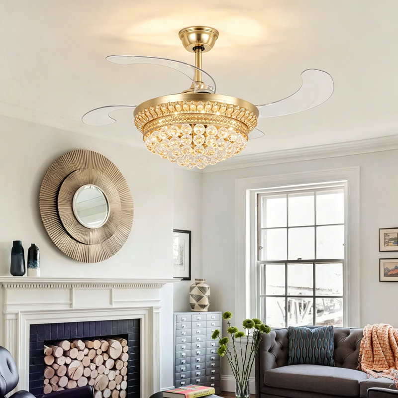 42-inch French Gold Crystal Remote Control Fan Light Five Layers Of Luxury Crystal + Six-speed Silent Fan