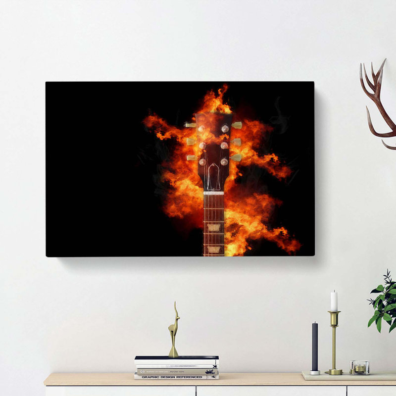 Guitar On Fire In Abstract - Wrapped Canvas Painting, 35cm H x 50cm W x 3cm D