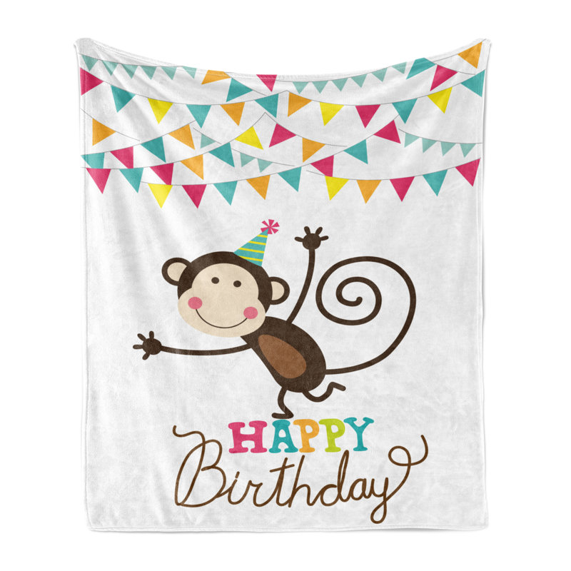 Ambesonne Birthday Fleece Throw Blanket Monkey Cone Flag Multicolor, 70" W x 90" L