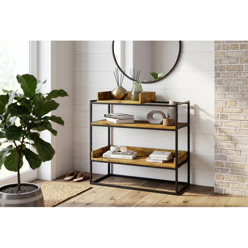 Console industrielle 32 pouces, bibliothèque rustique à 3 niveaux et table d'entrée avec structure en métal, finition bois récupéré