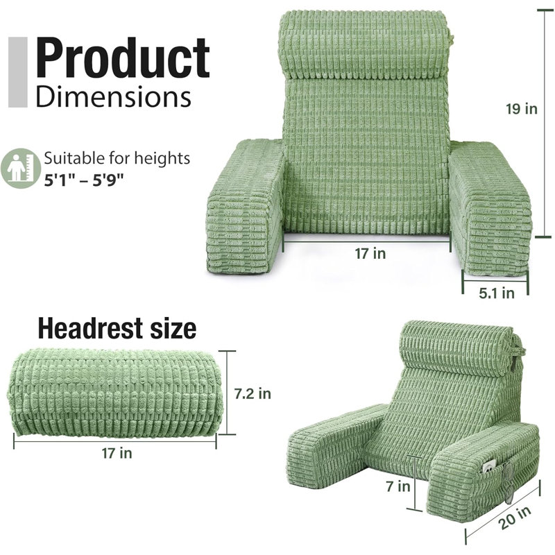 Coussin de dossier de lecture vert sauge de 19 pouces, coussin de soutien de lit avec accoudoirs et poches, housse à fermeture à glissière lavable