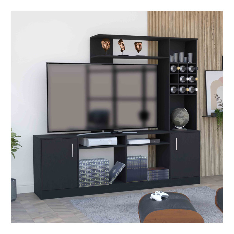 Meuble audio-vidéo vibrant pour téléviseur 78 po, deux portes, espaces de rangement et six tablettes extérieures