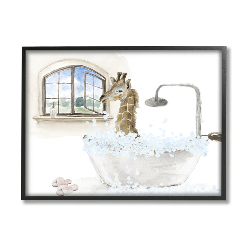 Girafe, bain moussant, scène - impression, Toile encadrée noire, H 11 po x l 14 po x P 1,5 po