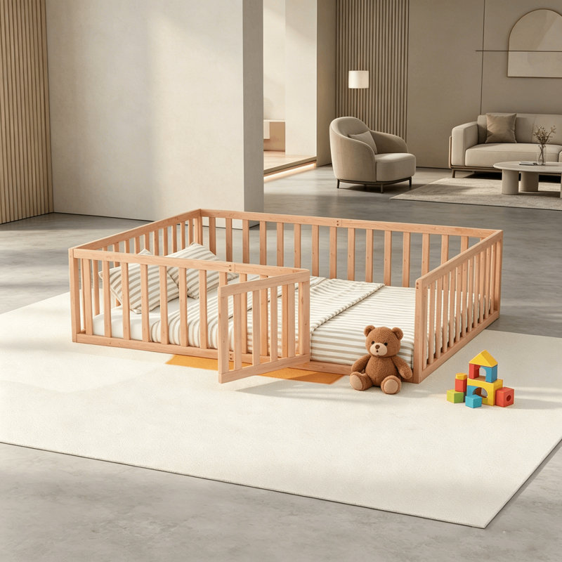 Lit sur pied Montessori avec rails et porte, Lit double, Naturel