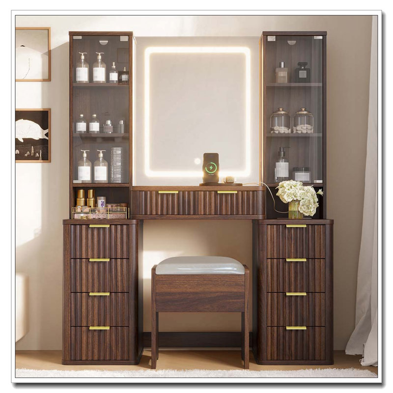 43.5" Fluted Makeup Vanity Desk with Mirror and Lights, Modern Glass Top Vanity Table with 10 Drawers & 2 Transparent Glass Cabinets, Dressing Table Set with Stool