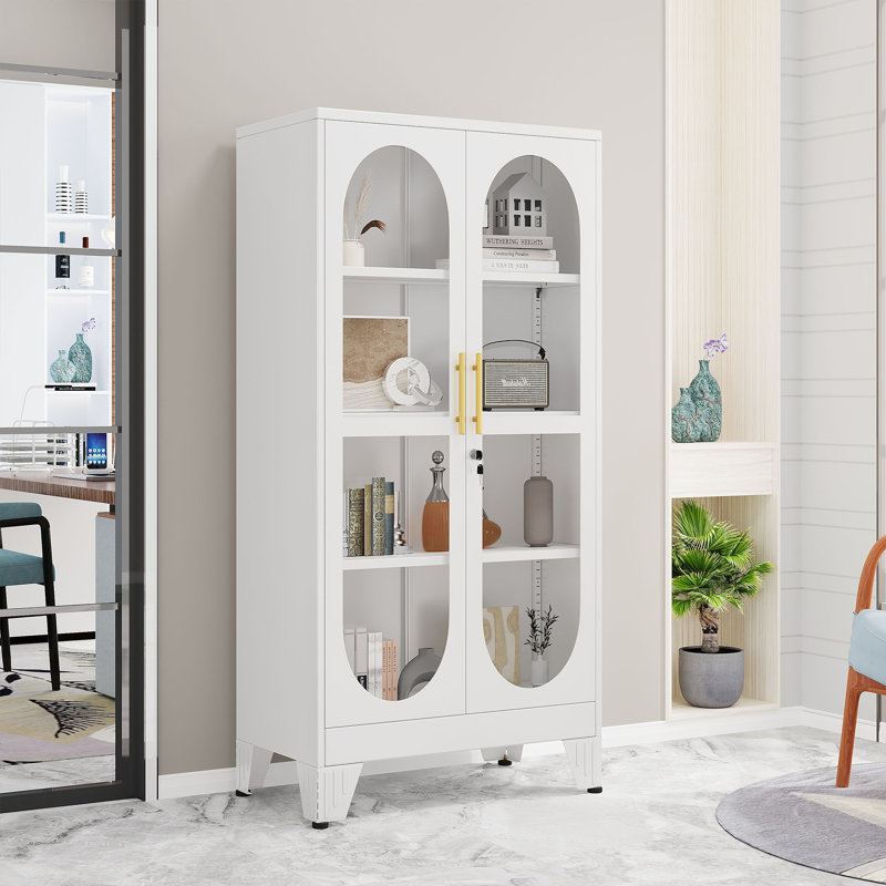  Modern Glass Door Display Cabinet with 3 Adjustable Shelves, White