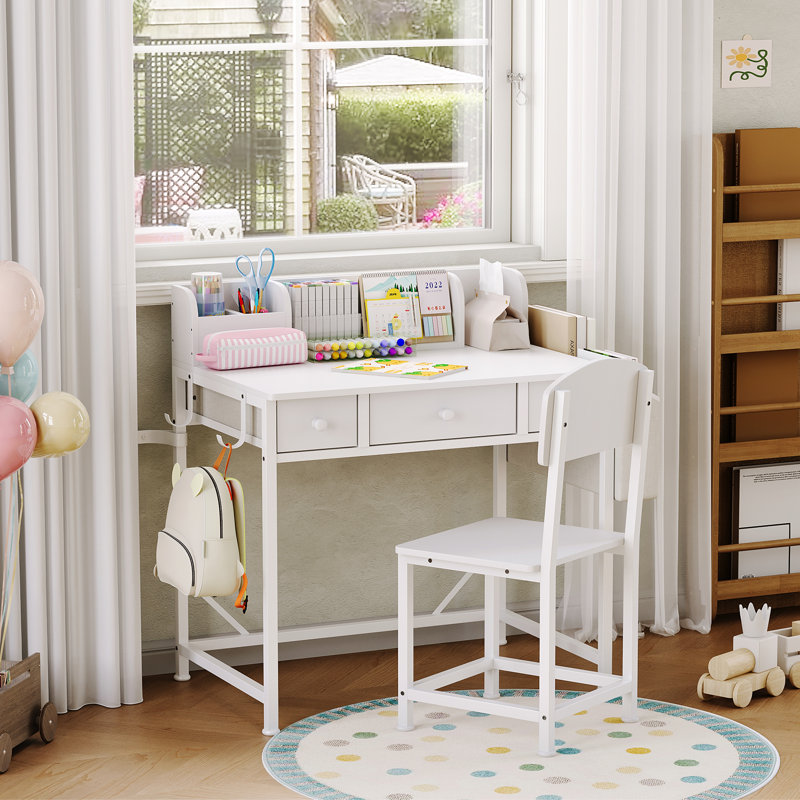 Ensemble bureau et chaise, table robuste en bois avec tiroirs de rangement, mobilier d'apprentissage ergonomique, White